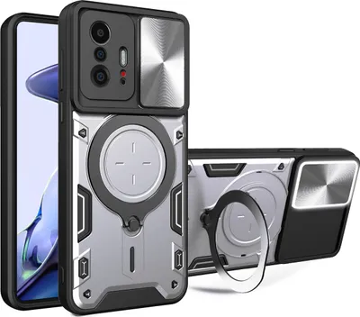Obrázek produktu pro Pouzdro pro Xiaomi 11T /11T Pro dvojvrstvé odolné pouzdro s ochranným krytem kamery a kruhovým stojánkem na prsten Stříbro