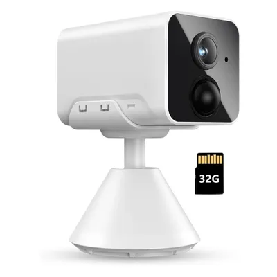 A white security camera with a stand and a 32GB SD card.