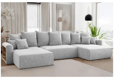 Produktbild von MEBLINI Schlafcouch mit Bettkasten - 350x160x78cm - Hellgrau Cordstoff - NAPLES - Ecksofa mit Schlaffunktion - Sofa mit Relaxfunktion und Kopfstützen - Couch U-Form - Eckcouch - Wohnlandschaft