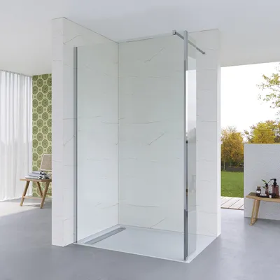 Produktbild von AQUABATOS Walk in Dusche Duschwand Glas Duschabtrennung  Glaswand für Duschwanne aus Klarglas 8 mm mit NANO Beschichtung inklusive 90° Stabilisator und Seitenwänden, 100 x 200 cm