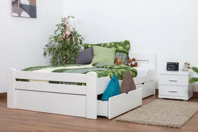 Produktbild von Einzelbett / Gästebett "Easy Premium Line" K4 inkl. 2 Schubladen und 1 Abdeckblende, 120 x 200 cm Buche Vollholz massiv weiß lackiert