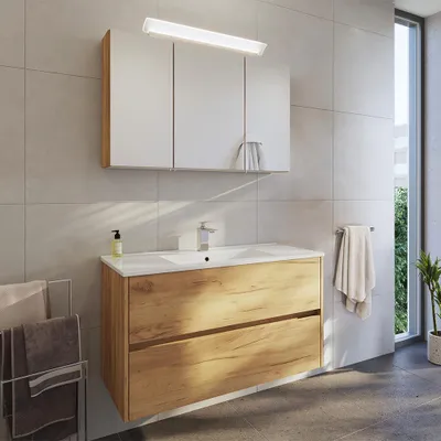 Produktbild von Badmöbel-Set 2-teilig mit 100 cm Waschtisch und Spiegelschrank mit LED-Beleuchtung in Eiche - LIVIGNO-02