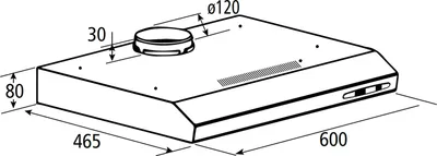 Technical drawing of a range hood with dimensions.