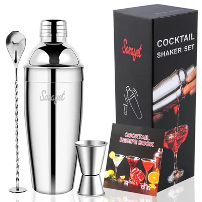 Productafbeelding van Cocktailshaker set - 750 ml - Roestvrij staal - 3-delig - Maatbeker en stamper