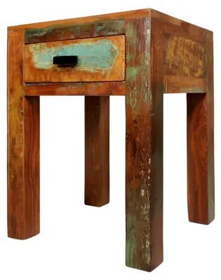 Produktbild von Nachttisch aus massivem Mango-Holz im Shabby Chic Design mit Schublade – Kleiner Beistelltisch für Schlafzimmer oder Wohnzimmer, handgefertigte Nachtkonsole – 40x40x55 cm