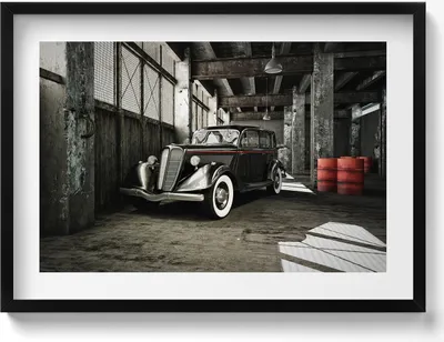 Produktbild von Oldtimer in einer alten Fabrik– Wandbild mit Rahmen – Gerahmtes Bild  – Wanddekoration – 70x50 cm –  Schwarz Rahmen