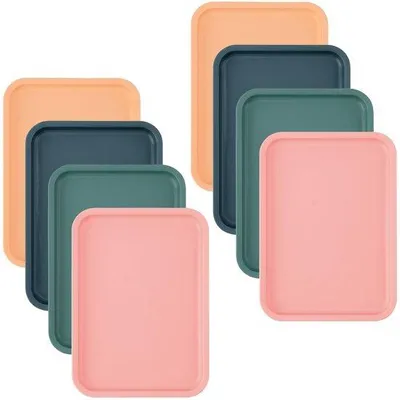 Immagine prodotto di Set di 8 vassoi in plastica Unyqoos®, dimensioni 24,5 x 18 x 1,5 cm, realizzati in PP, di colori assortiti (rosa, blu, giallo), impilabili, leggeri e facili da pulire, ideali per ristoranti e uso domestico