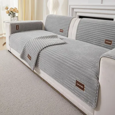 Produktbild von Plüsch Warm Sofabezug,90x210cm Couchbezug,4 Sitzer,Dicke Sofa ,Antirutsch Sofahusse,Möbelschutz,hellgrau Sofa-Matte.