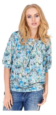 Produktbild von Damen Longshirt Bluse Tunika Muster Blumen, S/M Blautöne