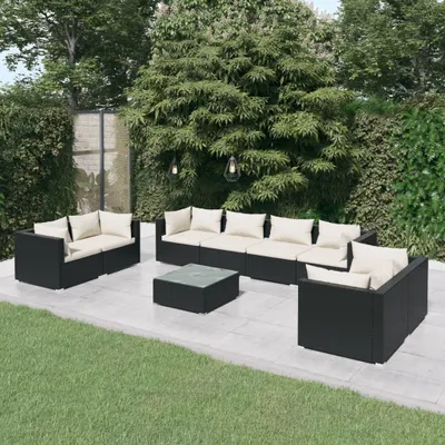 Obrázok produktu pre Maison Exclusive – 9-dielna záhradná súprava s vankúšmi z polyrotangu v čiernej farbe