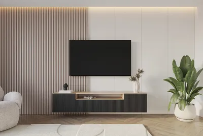 Produktbild von ALTDECOR TV-Schrank NOA-2-W mit Gefrästen Fronten 200x40x41 Lowboard hängend, TV Möbel, TV Cabinet, Fernsehtisch, Fernsehschrank, TV Kommode, TV Tisch, TV Sideboard, TV Board - Artisan / Schwarz