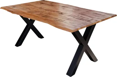 Produktbild von Esstisch Dora 220 x 100 cm, Mangoholz massiv, lackiert & naturfarben, Baumkantentisch mit X-Metallgestell in Mattschwarz, echte Baumkante, 26 mm