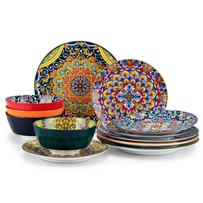 Image de Service de table pour 4 personnes, 12 pièces de service combiné en porcelaine, set de vaisselle avec assiette plate, assiette à dessert, bols, style bohème