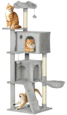 Obrázek produktu pro Kočičí strom – lezecká věž – 2 pelíšky a závěsná síť – ležící plocha – sisalové sloupy – 5 úrovní – výška 160 cm – armádní zelená