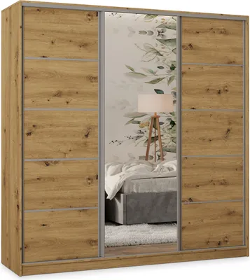 Produktbild von Masseno Schiebetürenschrank PINA 200/205/58 cm Kleiderschrank mit 4 Schubladen Schlafzimmer Schrank 3-türig mit Spiegel Eiche Artisan