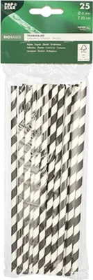 Produktbild von PAPSTAR Trinkhalme Papier, schwarz/weiß gestreift, 20 cm lang | Beutel (25 Stück)
