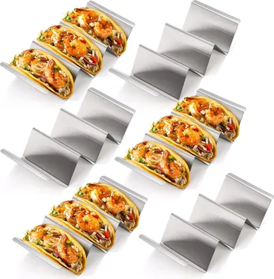 Produktbild von 6 Stück Taco-Halter aus Edelstahl, Taco Ständer mit Griffen, Breite Taco Ständer aus Edelstahl, Tortilla Halter für Tacos Sandwiches Würste Behalter