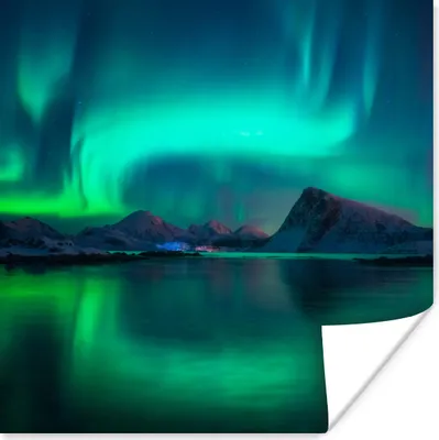 Produktbild von MuchoWow® Poster Nordlichter - Berge - Norwegen 50x50 cm - Wohnzimmerdekoration