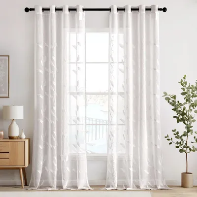 Immagine prodotto di Set di tende bianche con motivo a foglie, 140x245 cm, voile