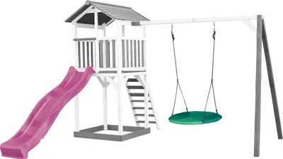 Produktbild von AXI Beach Tower Spielturm aus Holz in Weiß & Grau | Spielhaus für Kinder mit lila Rutsche, Nestschaukel und Sandkasten | Stelzenhaus für den Garten
