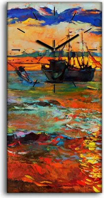 Produktbild von Wandbild Leinwand Bilder Wanduhr 30x60 Gemälde Meer Ozean Schiffe Himmel Wolken - schwarze Hände