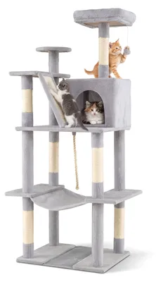 Produktbild von COSTWAY Kratzbaum, 158 cm, Katzenbaum mit Plattformen, Katzenhöhle, Hängematte, Rampe, Sisal-Kratzpfosten, Ball&Seil, Katzenturm Kletterbaum (Grau)