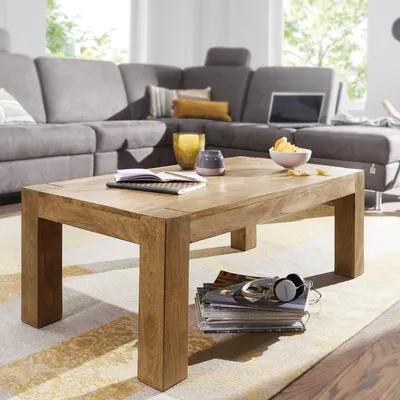 Image de FineBuy Table basse en acacia massif 110cm - Table de salon rectangulaire en bois véritable - Table de salon faite main au design rustique