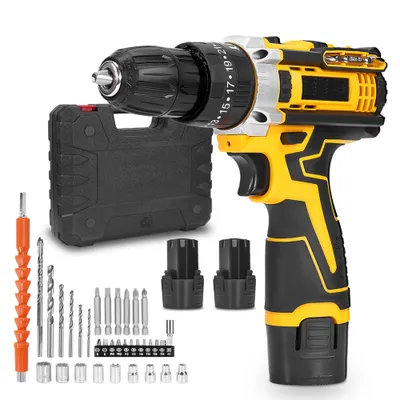 Zdjęcie produktu dla Wkrętarka akumulatorowa Akumulatorowa wiertarko-wkrętarka z uchwytem wiertarskim 3/8", momentem obrotowym 25+3, z 2x akumulatorem i 34x akcesoriami do domowego majsterkowania