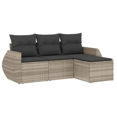 Produktbild von 4-tlg. Garten-Sofagarnitur mit Kissen Hellgrau Poly Rattan