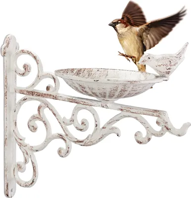 Produktbild von Relaxdays Vogeltränke Gusseisen, Wandmontage, wetterfest, Vintage Vogelbad Wildvögel, Gartendeko, HBT 24x28x14 cm, weiß