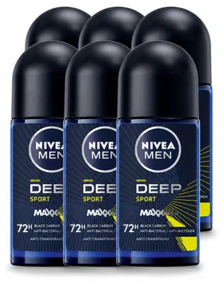 Imagen del producto de 6 unidades de antitranspirante en roll-on NIVEA MEN Deep Sport, 50 ml cada uno. Paquete económico