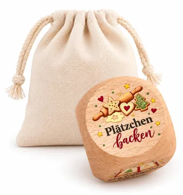 Produktbild von Adventswürfel Holz 5 cm mit 6 Adventsideen und Stoffbeutel Adventskalender alternative