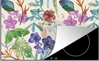 Produktbild von KitchenYeah© Herdabdeckplatte Dschungel - Blumen - Muster , 81x52cm, Küche Deko, Glaskeramikkochfeld Herdabdeckung, Abdeckplatte fùr Kochfeld