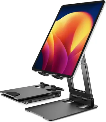Produktbild von Stabiler Tablet Ständer,Klearlook Faltbarer Tablet Halter mit einstellbarer Höhe/Winkel, Aluminium Universal iPad Ständer für iPad Pro/Mini/Air/iPhone 13 Pro Max/Galaxy Tab/Switch, 4-13 "Gerät-Schwarz