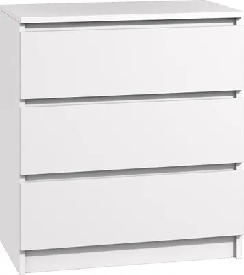 A white, three-drawer dresser against a white background.