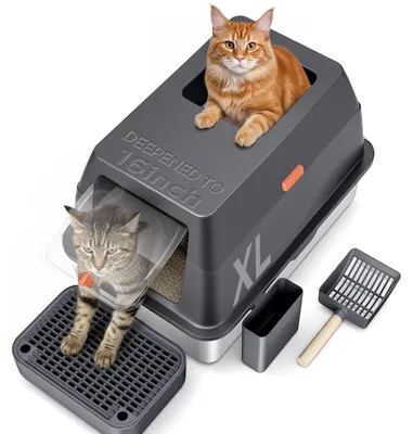 Image de Litière pour chat en acier inoxydable, modèle XXL, à haute capacité, 3 en 1, avec couvercle et système anti-débordement