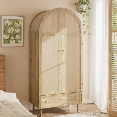 Immagine prodotto di Armadio moderno autoportante con ante e cassetti rivestiti in tessuto, con finitura effetto legno di quercia, ideale per la camera da letto