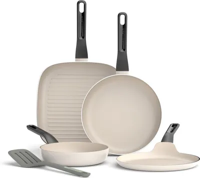 Produktbild von BergHOFF Leo 4-teiliges Pfannenset, Weiß, 20 & 24 cm Bratpfannen, 26 cm Grillpfanne, 24 cm Pfanne, Induktion, Keramik-Antihaft, recyceltes Aluminium
