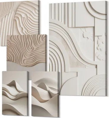 Produktbild von Leinwandbild Set 5-teilig – Modernes Wandbild – Polycanvas Kunstdruck – Abstrakte Bilder – Hochwertige Wandkunst – 2x 30x30 cm + 2x 20x30 cm + 1x 40x60 cm – Abstrakte Strukturformen in Beige- und Weißtönen