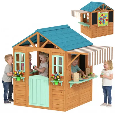 Produktbild von AIYAPLAY Kinderspielhaus Holz Spielhaus Outdoor mit Verkaufstheke Pflanzenkasten