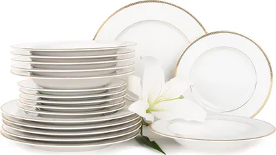 Obrázek produktu pro Konsimo jídelní servis pro 6 osob (18 talířů) "NEW HOLLIS GOLD", bílá, porcelán, Classic, 27 cm / 23 cm / 21 cm
