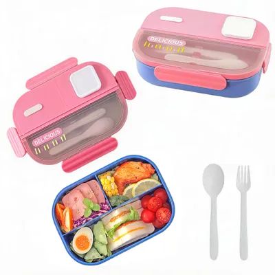 Bento Lunchbox 1100 ml, 3 Fächer, mit Besteck, rosa