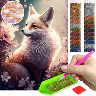 Produktbild von ARTULIO - Diamond Painting Set - Roter Fuchs mit Blumen - 40 x 30 cm - AB Steine, AB Diamant - Home Wand Deko, Crystal Art, Komplettset Mosaik + Zubehör