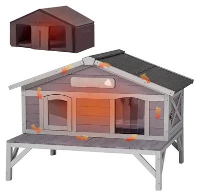 Produktbild von Isoliertes Katzenhaus für den Außenbereich, wetterfeste Feral-Katzenhöhle für den Winter, Doppelzimmer (Grau, L mit Isolierung)