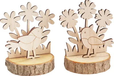 Produktbild von VBS Holz-Steckmotive auf Rindenscheibe "Vögel und Blumen", 2er-Set