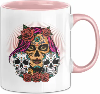Produktbild von Totenkopf Tasse Geschenk Frau Skull Tattoo Becher (Rosa)