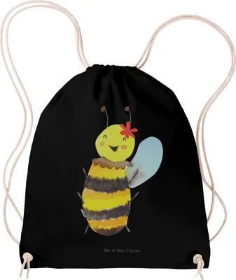 Produktbild von Mr. & Mrs. Panda Stoffbeutel Biene Happy - Schwarz - Geschenk, wander rucksack, Baumwolltasche, Turnbeutel Mit Kordel, Jutebeutel, gym tasche