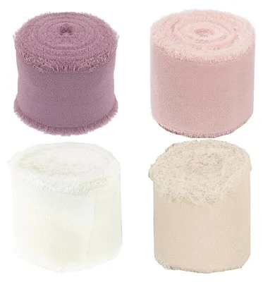 Zdjęcie produktu dla Zestaw wstążek prezentowych, satyna i szyfon, 4 sztuki, szerokość 2,5 cm i 4 cm, długość 5 metrów, kolory: różowy, biały, fioletowy, khaki