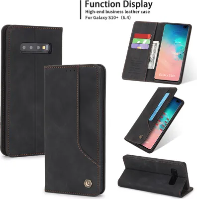 Produktbild von Galaxy S10+ Plus Hülle, LaimTop Retro Kunstledertasche Schutzhülle mit Kartenfach Standfunktion für Samsung Galaxy S10 Plus Schwarz