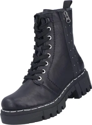 Auf dem Bild ist ein schwarzer Stiefel zu sehen der von der äußeren Seite betrachtet wird. Der Stiefel hat eine glatte Oberfläche und eine robuste Sohle.